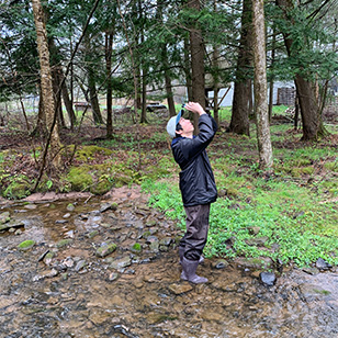 A scientist wearing a dark blue jacket looking up at a tree.